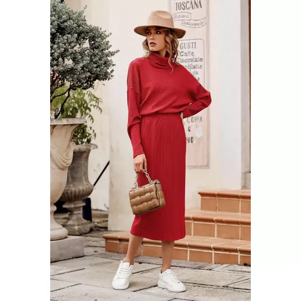 imagePRETTYGARDEN Womens 2023 Spring 2 Piece Tracksuit Winter Long Sleeve Turtleneck Ribbed Top And Midi Skirt Dress SetsRed