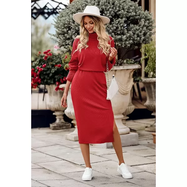 imagePRETTYGARDEN Womens 2023 Spring 2 Piece Tracksuit Winter Long Sleeve Turtleneck Ribbed Top And Midi Skirt Dress SetsRed