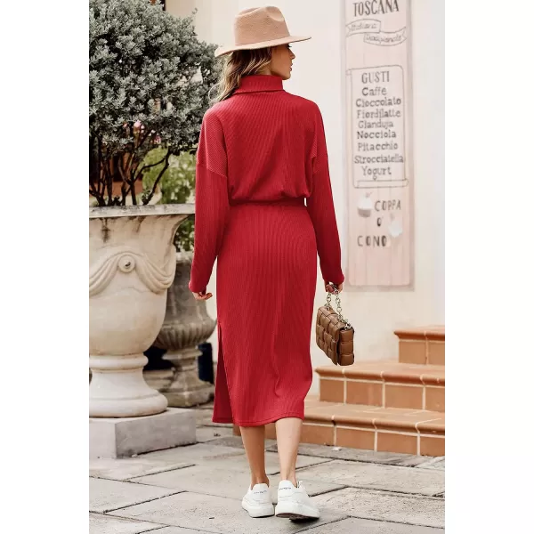 imagePRETTYGARDEN Womens 2023 Spring 2 Piece Tracksuit Winter Long Sleeve Turtleneck Ribbed Top And Midi Skirt Dress SetsRed