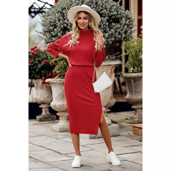 imagePRETTYGARDEN Womens 2023 Spring 2 Piece Tracksuit Winter Long Sleeve Turtleneck Ribbed Top And Midi Skirt Dress SetsRed