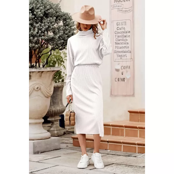 imagePRETTYGARDEN Womens 2023 Spring 2 Piece Tracksuit Winter Long Sleeve Turtleneck Ribbed Top And Midi Skirt Dress SetsWhite