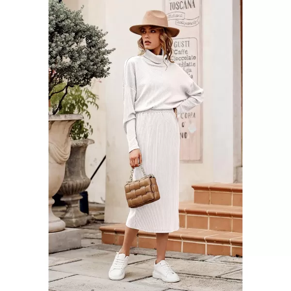imagePRETTYGARDEN Womens 2023 Spring 2 Piece Tracksuit Winter Long Sleeve Turtleneck Ribbed Top And Midi Skirt Dress SetsWhite