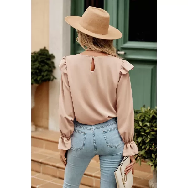 imagePRETTYGARDEN Womens 2023 Spring Clothes Ruffle Trim Shirts Long Sleeve Round Neck Casual Plain Tops BlouseApricot