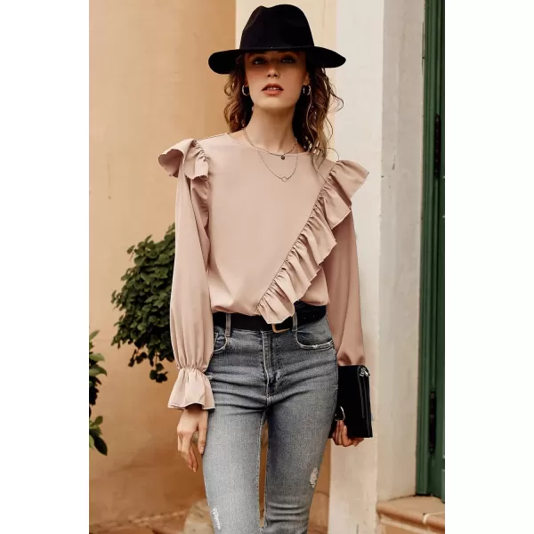 imagePRETTYGARDEN Womens 2023 Spring Clothes Ruffle Trim Shirts Long Sleeve Round Neck Casual Plain Tops BlouseApricot