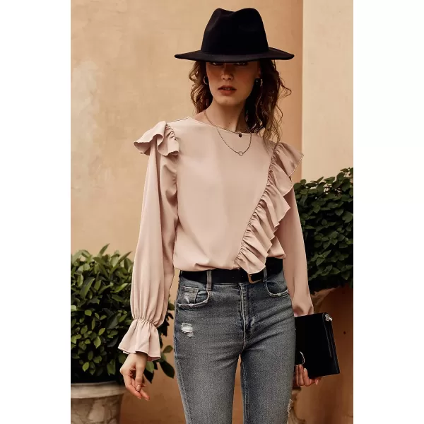 imagePRETTYGARDEN Womens 2023 Spring Clothes Ruffle Trim Shirts Long Sleeve Round Neck Casual Plain Tops BlouseApricot