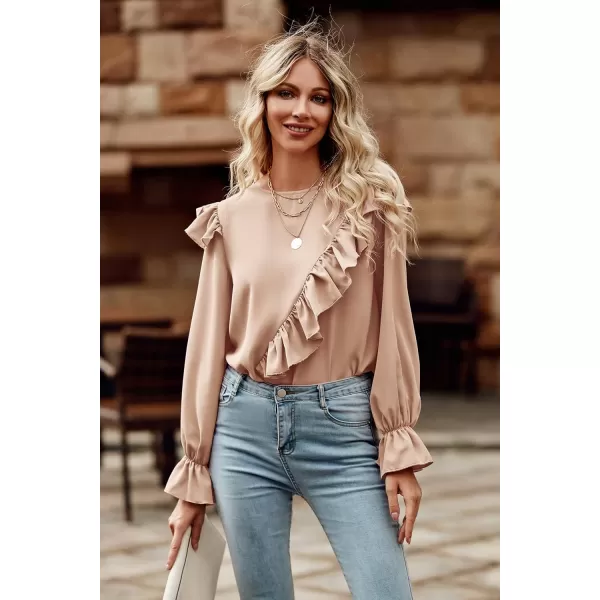 imagePRETTYGARDEN Womens 2023 Spring Clothes Ruffle Trim Shirts Long Sleeve Round Neck Casual Plain Tops BlouseApricot