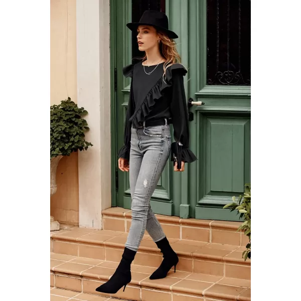 imagePRETTYGARDEN Womens 2023 Spring Clothes Ruffle Trim Shirts Long Sleeve Round Neck Casual Plain Tops BlouseBlack