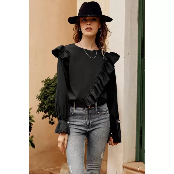 imagePRETTYGARDEN Womens 2023 Spring Clothes Ruffle Trim Shirts Long Sleeve Round Neck Casual Plain Tops BlouseBlack