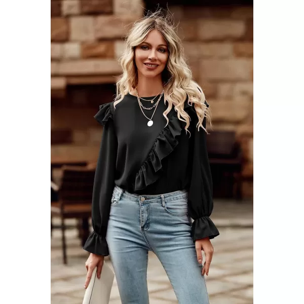 imagePRETTYGARDEN Womens 2023 Spring Clothes Ruffle Trim Shirts Long Sleeve Round Neck Casual Plain Tops BlouseBlack