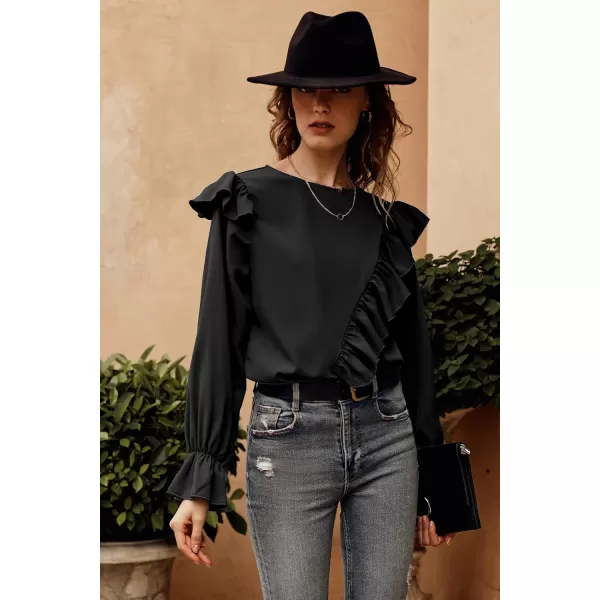 imagePRETTYGARDEN Womens 2023 Spring Clothes Ruffle Trim Shirts Long Sleeve Round Neck Casual Plain Tops BlouseBlack