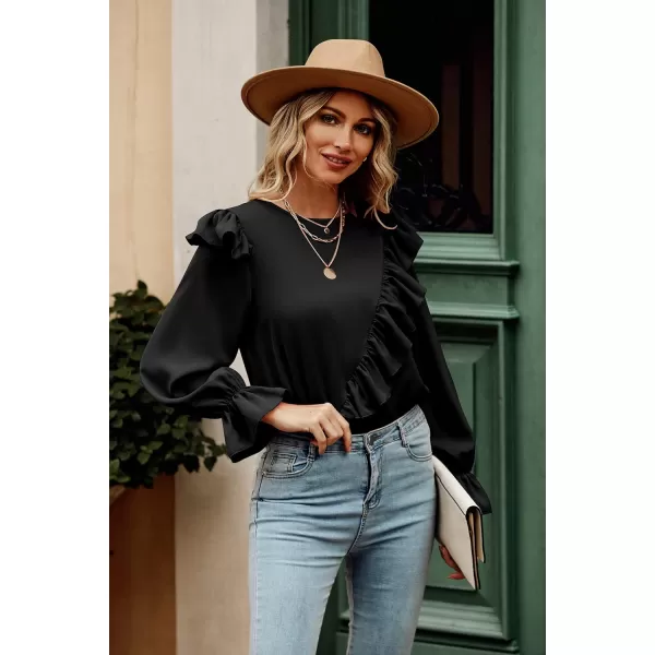imagePRETTYGARDEN Womens 2023 Spring Clothes Ruffle Trim Shirts Long Sleeve Round Neck Casual Plain Tops BlouseBlack