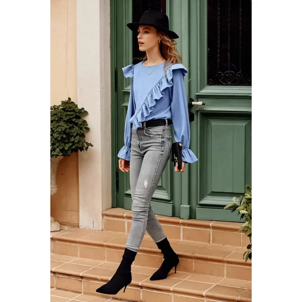 imagePRETTYGARDEN Womens 2023 Spring Clothes Ruffle Trim Shirts Long Sleeve Round Neck Casual Plain Tops BlouseBlue