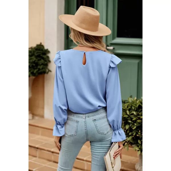 imagePRETTYGARDEN Womens 2023 Spring Clothes Ruffle Trim Shirts Long Sleeve Round Neck Casual Plain Tops BlouseBlue