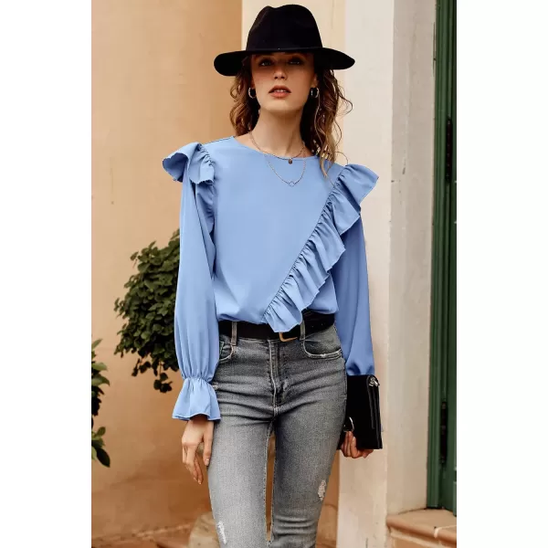 imagePRETTYGARDEN Womens 2023 Spring Clothes Ruffle Trim Shirts Long Sleeve Round Neck Casual Plain Tops BlouseBlue