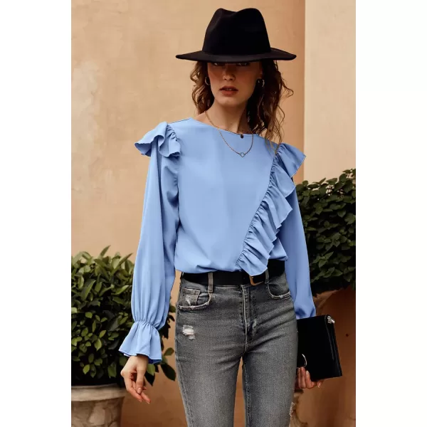 imagePRETTYGARDEN Womens 2023 Spring Clothes Ruffle Trim Shirts Long Sleeve Round Neck Casual Plain Tops BlouseBlue