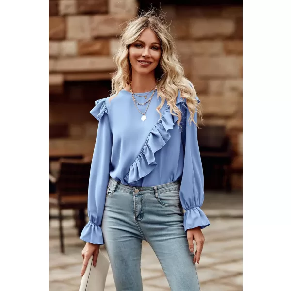 imagePRETTYGARDEN Womens 2023 Spring Clothes Ruffle Trim Shirts Long Sleeve Round Neck Casual Plain Tops BlouseBlue