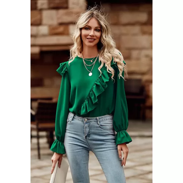 imagePRETTYGARDEN Womens 2023 Spring Clothes Ruffle Trim Shirts Long Sleeve Round Neck Casual Plain Tops BlouseDark Green
