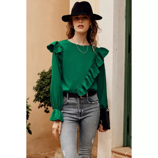 imagePRETTYGARDEN Womens 2023 Spring Clothes Ruffle Trim Shirts Long Sleeve Round Neck Casual Plain Tops BlouseDark Green