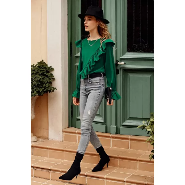 imagePRETTYGARDEN Womens 2023 Spring Clothes Ruffle Trim Shirts Long Sleeve Round Neck Casual Plain Tops BlouseDark Green