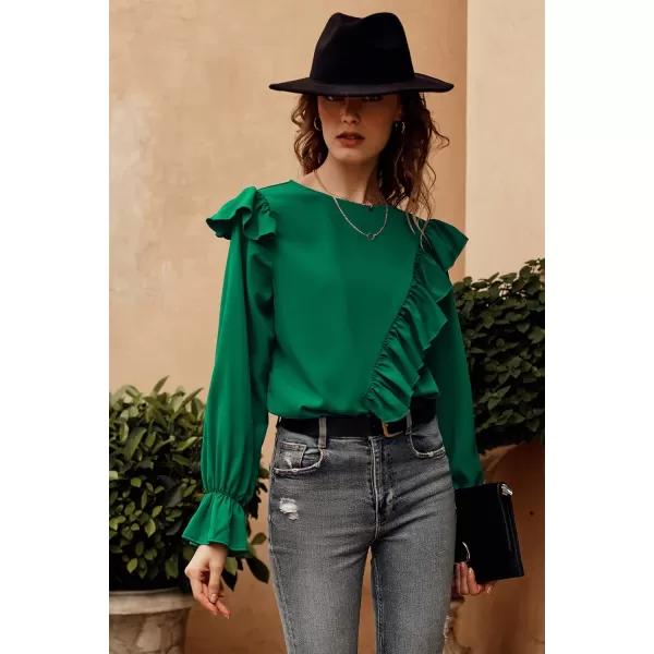 imagePRETTYGARDEN Womens 2023 Spring Clothes Ruffle Trim Shirts Long Sleeve Round Neck Casual Plain Tops BlouseDark Green