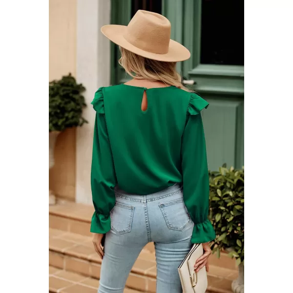 imagePRETTYGARDEN Womens 2023 Spring Clothes Ruffle Trim Shirts Long Sleeve Round Neck Casual Plain Tops BlouseDark Green