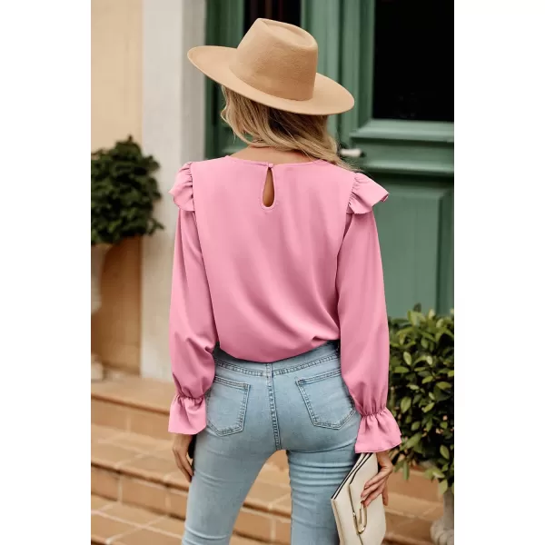 imagePRETTYGARDEN Womens 2023 Spring Clothes Ruffle Trim Shirts Long Sleeve Round Neck Casual Plain Tops BlousePink