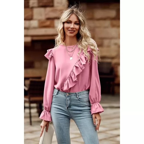 imagePRETTYGARDEN Womens 2023 Spring Clothes Ruffle Trim Shirts Long Sleeve Round Neck Casual Plain Tops BlousePink