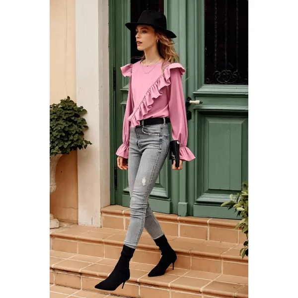 imagePRETTYGARDEN Womens 2023 Spring Clothes Ruffle Trim Shirts Long Sleeve Round Neck Casual Plain Tops BlousePink
