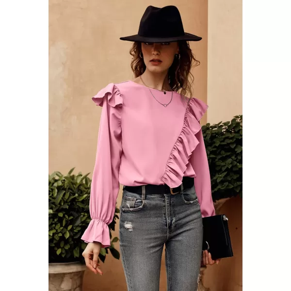 imagePRETTYGARDEN Womens 2023 Spring Clothes Ruffle Trim Shirts Long Sleeve Round Neck Casual Plain Tops BlousePink