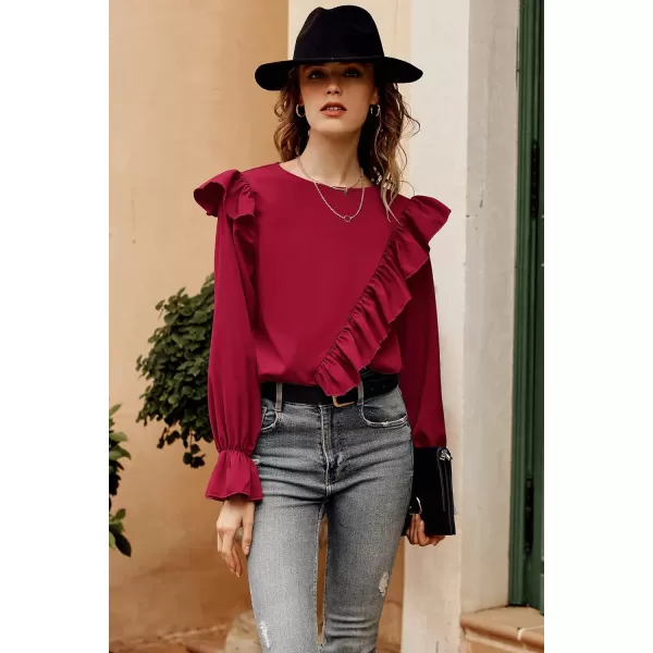 imagePRETTYGARDEN Womens 2023 Spring Clothes Ruffle Trim Shirts Long Sleeve Round Neck Casual Plain Tops BlouseWine Red
