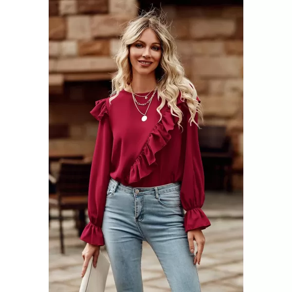 imagePRETTYGARDEN Womens 2023 Spring Clothes Ruffle Trim Shirts Long Sleeve Round Neck Casual Plain Tops BlouseWine Red