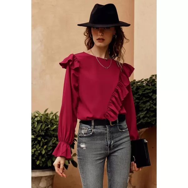 imagePRETTYGARDEN Womens 2023 Spring Clothes Ruffle Trim Shirts Long Sleeve Round Neck Casual Plain Tops BlouseWine Red
