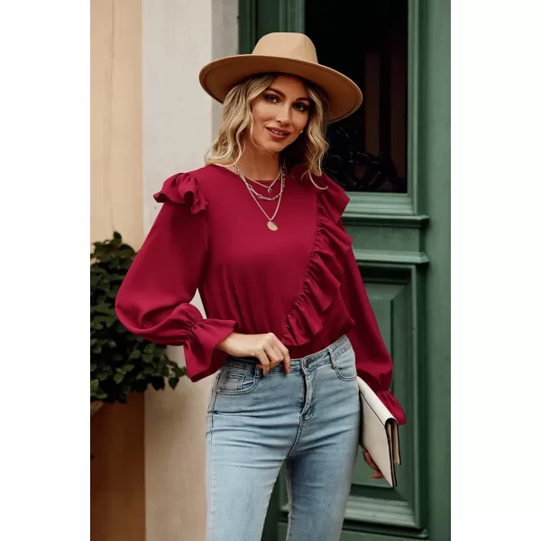 imagePRETTYGARDEN Womens 2023 Spring Clothes Ruffle Trim Shirts Long Sleeve Round Neck Casual Plain Tops BlouseWine Red