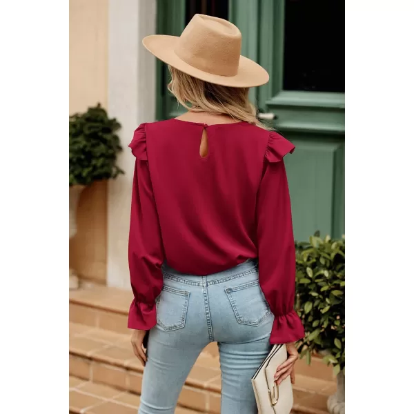 imagePRETTYGARDEN Womens 2023 Spring Clothes Ruffle Trim Shirts Long Sleeve Round Neck Casual Plain Tops BlouseWine Red