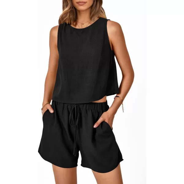imagePRETTYGARDEN Womens 2023 Summer 2 Piece Outfits Casual Button Back Crop Tank Tops and High Waist Shorts SetBlack