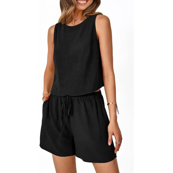imagePRETTYGARDEN Womens 2023 Summer 2 Piece Outfits Casual Button Back Crop Tank Tops and High Waist Shorts SetBlack