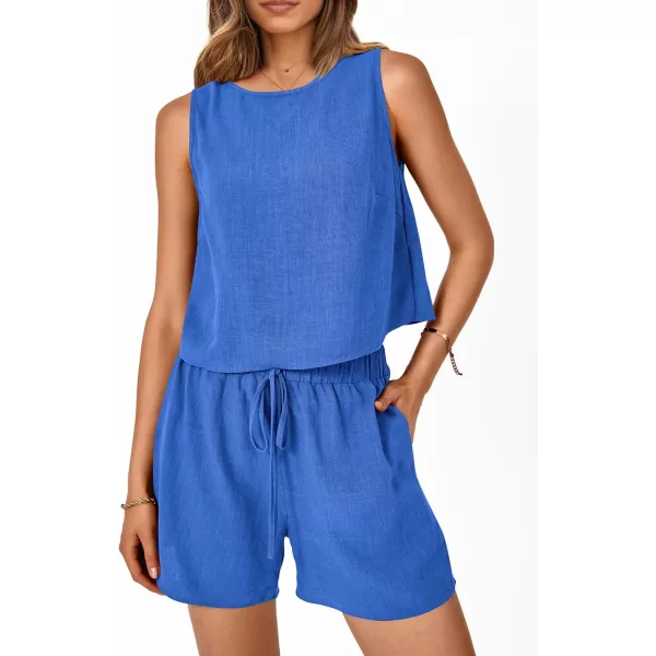 imagePRETTYGARDEN Womens 2023 Summer 2 Piece Outfits Casual Button Back Crop Tank Tops and High Waist Shorts SetBlue