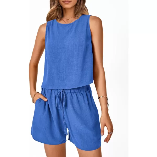 imagePRETTYGARDEN Womens 2023 Summer 2 Piece Outfits Casual Button Back Crop Tank Tops and High Waist Shorts SetBlue