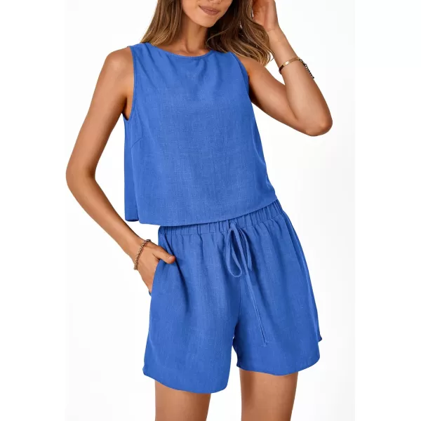 imagePRETTYGARDEN Womens 2023 Summer 2 Piece Outfits Casual Button Back Crop Tank Tops and High Waist Shorts SetBlue