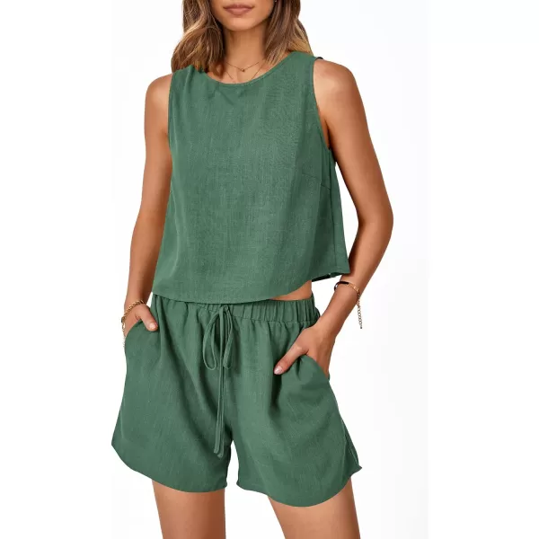 imagePRETTYGARDEN Womens 2023 Summer 2 Piece Outfits Casual Button Back Crop Tank Tops and High Waist Shorts SetGreen