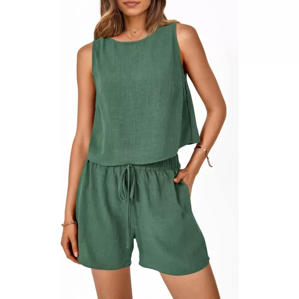 imagePRETTYGARDEN Womens 2023 Summer 2 Piece Outfits Casual Button Back Crop Tank Tops and High Waist Shorts SetGreen