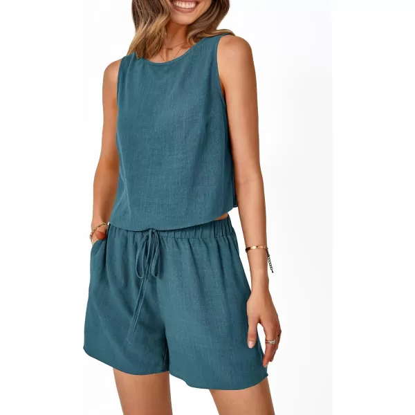 imagePRETTYGARDEN Womens 2023 Summer 2 Piece Outfits Casual Button Back Crop Tank Tops and High Waist Shorts SetLake Blue