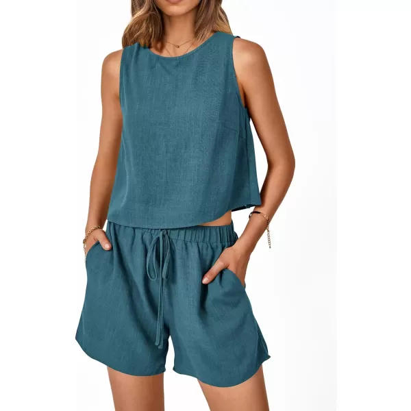 imagePRETTYGARDEN Womens 2023 Summer 2 Piece Outfits Casual Button Back Crop Tank Tops and High Waist Shorts SetLake Blue