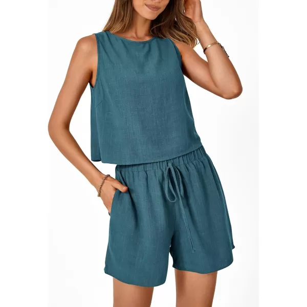 imagePRETTYGARDEN Womens 2023 Summer 2 Piece Outfits Casual Button Back Crop Tank Tops and High Waist Shorts SetLake Blue
