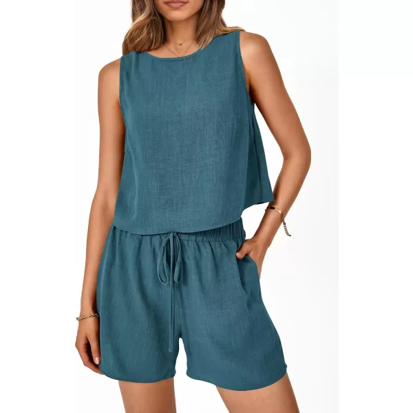 imagePRETTYGARDEN Womens 2023 Summer 2 Piece Outfits Casual Button Back Crop Tank Tops and High Waist Shorts SetLake Blue
