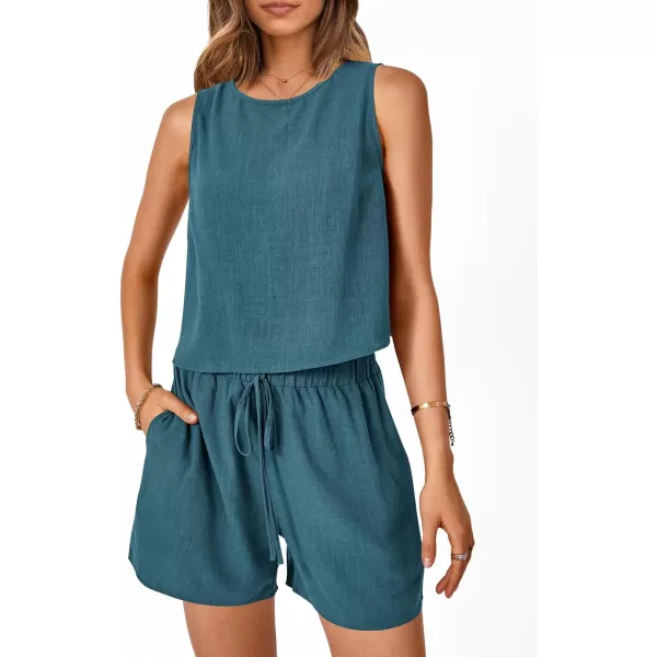 imagePRETTYGARDEN Womens 2023 Summer 2 Piece Outfits Casual Button Back Crop Tank Tops and High Waist Shorts SetLake Blue