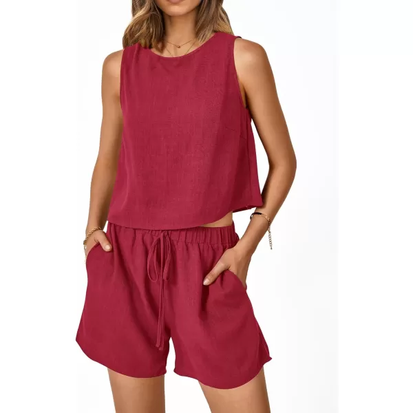 imagePRETTYGARDEN Womens 2023 Summer 2 Piece Outfits Casual Button Back Crop Tank Tops and High Waist Shorts SetRed