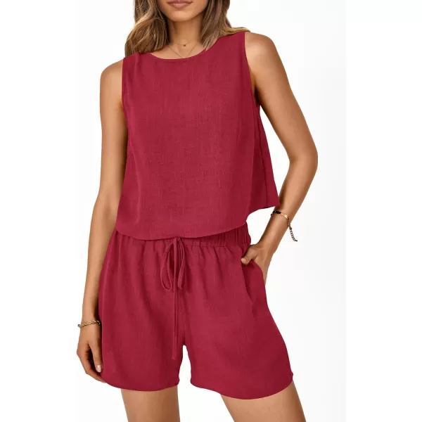 imagePRETTYGARDEN Womens 2023 Summer 2 Piece Outfits Casual Button Back Crop Tank Tops and High Waist Shorts SetRed