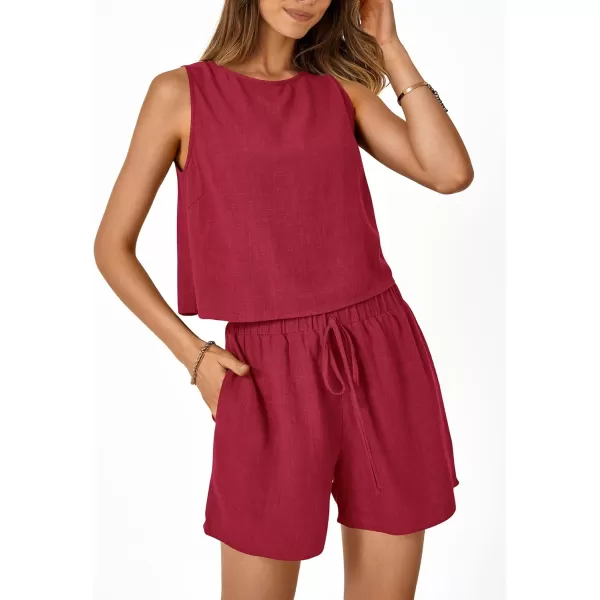 imagePRETTYGARDEN Womens 2023 Summer 2 Piece Outfits Casual Button Back Crop Tank Tops and High Waist Shorts SetRed