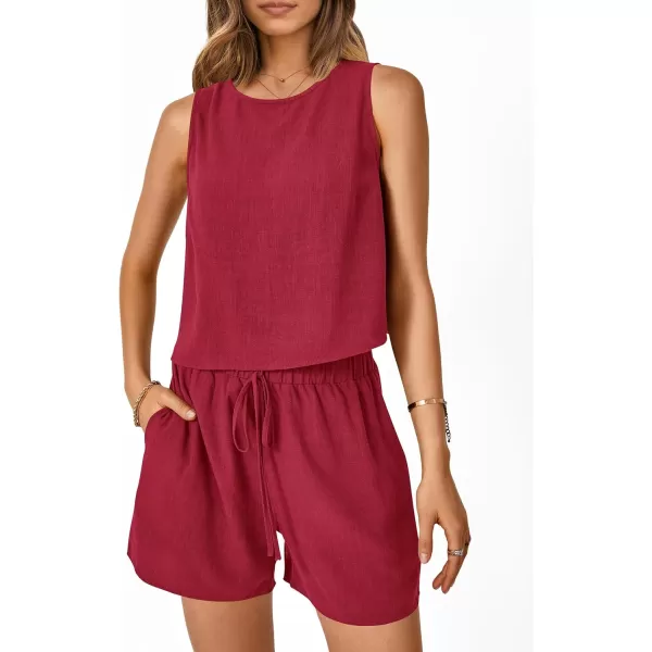 imagePRETTYGARDEN Womens 2023 Summer 2 Piece Outfits Casual Button Back Crop Tank Tops and High Waist Shorts SetRed